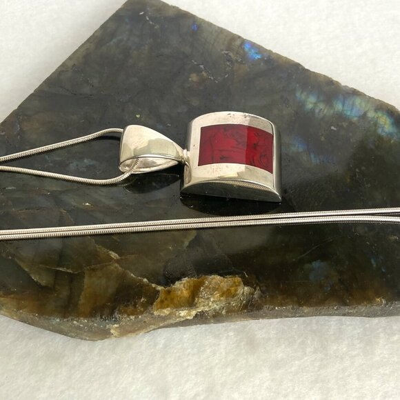 Solid Sterling Silver 925 Sim Red Jasper Pendant Necklace 19.5" Snake Chain - Picture 3 of 16